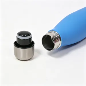 Stainless steel vacuum insulated water bottle detail view showing bottle mouth and cap structure.