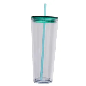 Close-up detail of clear plastic tumbler with green straw and lid, reusable cold cup design.