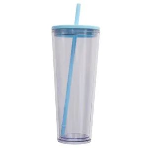 Clear plastic double wall tumbler with blue lid and straw 750ml capacity drink cup