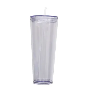 Clear plastic straw tumbler with lid, large capacity cold drink cup for daily use and travel.