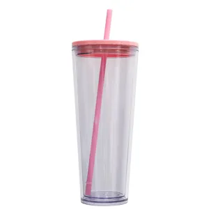 Close up of clear plastic straw tumbler detail, showing double wall design and pink lid features.