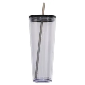 Close-up detail of the clear plastic tumbler, featuring a black lid and matching straw.