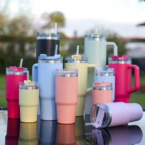 Stainless steel insulated tumbler with handle and straw, portable travel mug, multi-color.