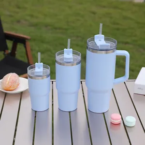Light blue stainless steel tumbler set with straw and handle, cute portable car cup for daily use.