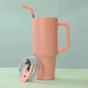 40oz Double Wall Insulated Stainless Steel Tumbler with Handle and Straw Pink Mug