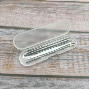 Stainless steel ear pick tool set detail view, featuring multiple cleaning tools in a clear box.