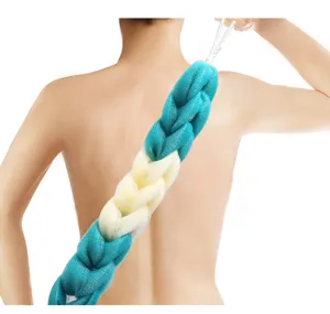 Long mesh bath sponge for back scrubbing, dual color textured scrubber for daily shower use.