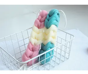 Long braided mesh bath sponge scrubber in wire basket for body cleaning detail display