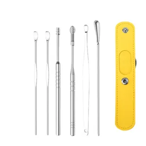 Stainless steel ear pick set featuring six professional tools and a convenient yellow storage case.