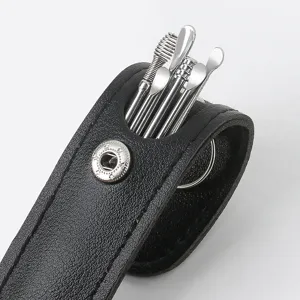 Professional stainless steel ear pick set with stylish black leather storage case for daily use.