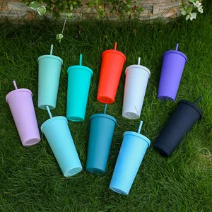 Doppelwandiger Kunststoff Strohhalm Becher 24oz Outdoor Kaltgetränk Becher Gras Anzeige