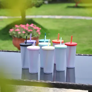 Vaso esmerilado de plástico de doble pared con pajita para bebidas frías de verano al aire libre.