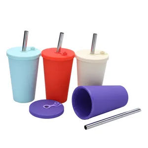 480ml Silicone Straw Cup with Stainless Steel Straws Multi-color Drinkware Detail View