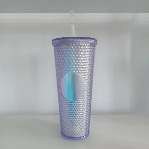 24oz becher mit strohhalm plastik doppelwandig lila diamant glitzer trinkbecher kaffeebecher