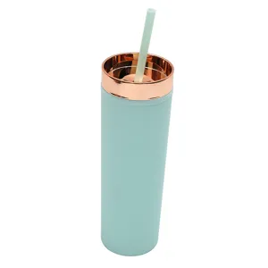 Detail shot of 16oz frosted matte green tumbler with rose gold electroplated rim and straw