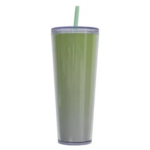 πλαστικό ποτήρι διπλού τοιχώματος 750ml με καλαμάκι πράσινο γκλίτερ κρύο ρόφημα