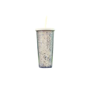 Dubbelwandige plastic beker met glitters en rietje draagbare zomer waterbeker voor buiten