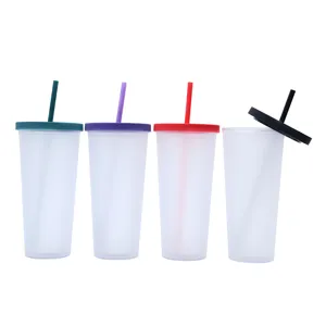 Vaso con pajita de plástico esmerilado de doble pared taza portátil para bebidas frías de verano