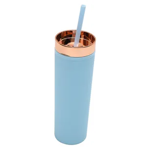 16oz straight straw tumbler detail view, frosted light blue plastic cup with rose gold lid