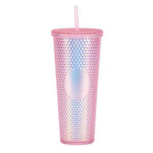 Rosa Becher mit Strohhalm doppelwandig Kunststoff Glitzer Trinkbecher 700ml für Alltag