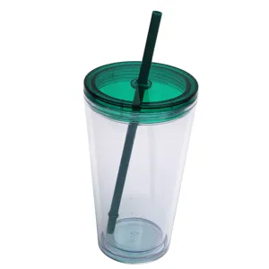 Clear double wall plastic tumbler with green lid and straw 16oz portable reusable cup