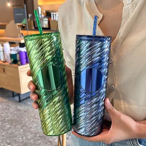 20oz Gradient Spiral Plastic Tumbler with Straw Double Wall Insulated Travel Cup!