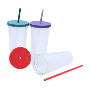 Vaso de plástico esmerilado con pajita taza para bebida fría doble pared portátil
