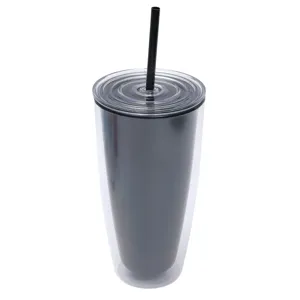 Doppelwandiger isolierter Plastikbecher mit Strohhalm und transparentem Deckel in Schwarz