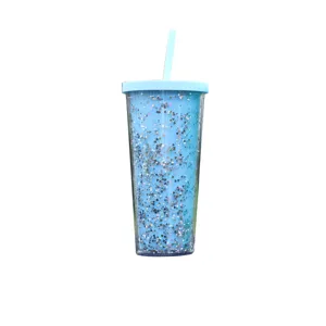 Dubbelwandige glitterbeker met rietje draagbare plastic beker blauwe zomer drinkbeker nieuw