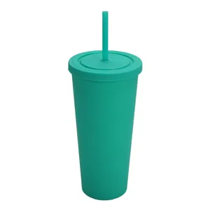 Vista dettagliata di un bicchiere in plastica a doppia parete verde opaco con coperchio.