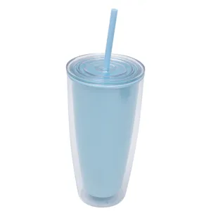 Doppelwandiger isolierter Plastikbecher mit Strohhalm hellblau Trinkbecher fur Alltag