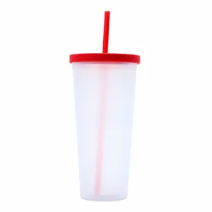 Vaso de plástico de doble pared con pajita creativo esmerilado taza de bebida fría portátil