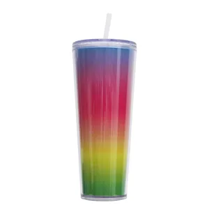 Πλαστικό ποτήρι διπλού τοιχώματος 750ml με καλαμάκι ντεγκραντέ ουράνιο τόξο παγωμένος καφές