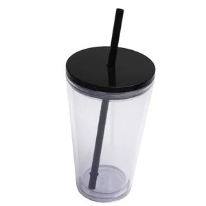 Detail view of 16oz clear double wall plastic tumbler featuring black lid and straw.