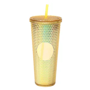 24oz Kunststoff Studded Becher mit Strohhalm, goldener Farbverlauf doppelwandiger Becher.