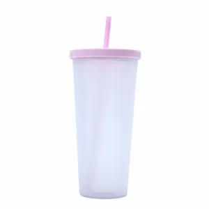 Vista detallada del vaso de plástico esmerilado con pajita, textura y tapa rosa.
