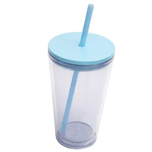 Close-up detail of the clear double wall plastic tumbler with blue straw and lid.