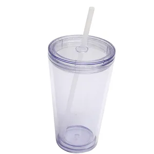 Detailed view of the 16oz double wall clear plastic tumbler cup with straw for portable daily use.