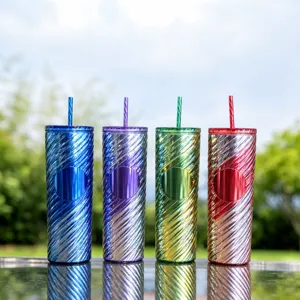 Gradient Colorful Double Layer Straw Spiral Plastic Cup AS Material Reusable Tumbler with Lid and Straw for Daily Use