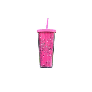 Dubbelwandige gliter drinkbeker met rietje roze kunststof waterbeker voor zomerse buitenactiviteiten