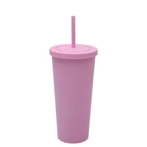 Bicchiere in plastica a doppia parete da 710ml dettaglio, tazza rosa opaca con cannuccia