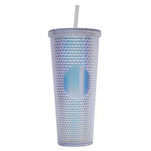 24OZ strukturierter Becher Diamant Kunststoff Strohbecher holografischer Farbverlauf neu