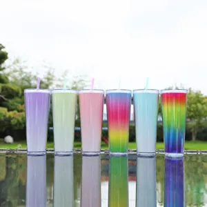 Grote Capaciteit Dubbellaagse Plastic Beker met Rietje Transparant Verloopkleur Zomer Koude Drank Waterbeker Beker