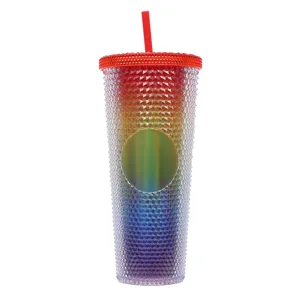 24oz Regenbogen Besetzter Becher Doppelwandiger Kunststoff Kaltbecher mit Strohhalm Deckel