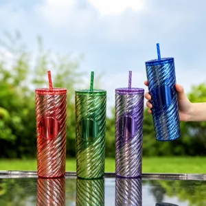 20oz Double Wall Plastic Tumbler with Straw Gradient Spiral Insulated Travel Cup Main View