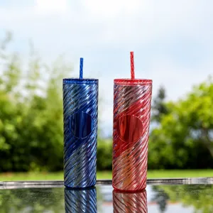 20oz Double Wall Reusable Plastic Straw Cup Gradient Spiral Tumbler for Cold Drinks