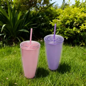 Doppelwandiger Kunststoffbecher mit Strohhalm isolierter Trinkbecher für den Sommer.