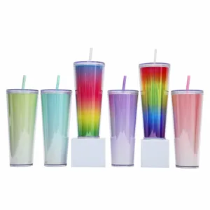 750ml dubbelwandige kunststof beker met rietje kleurrijke gradient drinkbeker setjes