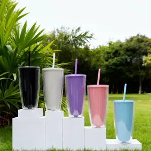 Doppelwandiger isolierter Plastikbecher mit Strohhalm stilvoller bunter Trinkbecher Sommer
