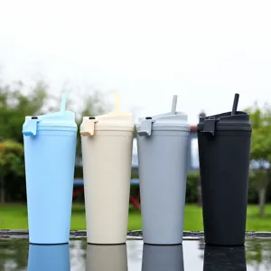 Dubbelwandige kunststof rietjesbeker met klapdeksel, grote buitenwaterfles.